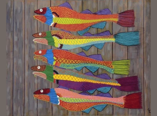 “Colorful Cod” painting - Painting is my depiction of “codfish” on a friends stage as his “catch of the day”.  Thanks to Andre Saab for giving me permission to paint his photo.  Original painting has been sold!