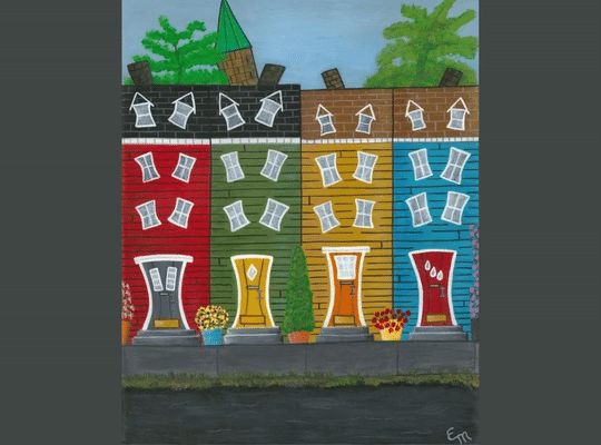 Painting depicting Jelly Bean Row Houses in St. John’s NL. These houses are very colorful in the downtown area of St. John’s.  They are said to have been painted bright colors by sailors living downtown being able to see their houses coming in the harbour through the fog.