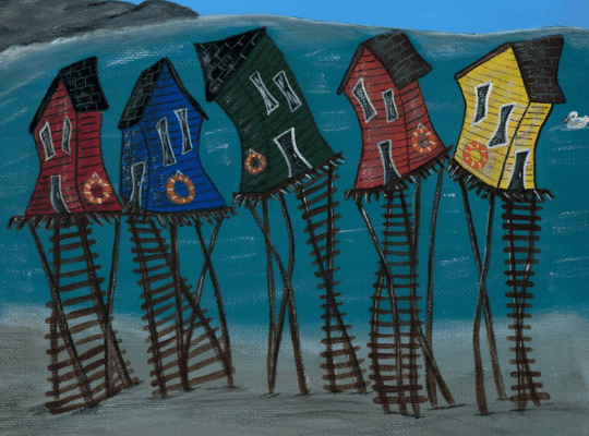 whimsical painting of five colourful Newfoundland fishing stages on stiles on beach under blue sskies