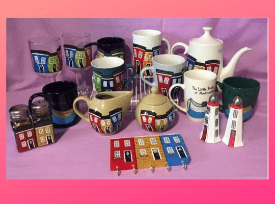 Collection of a whimsical works of NERRL Hand Painted Designs - glassware, salt and pepper shakers, tea pot, and cream and sugar