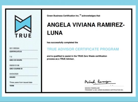 Green Business Certification document naming Angela Viviana Ramirez Luna as qualified to the True Advisor Certificate Program
