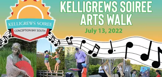 KELLIGREWS-SOIREE-CONCEPTION-BAY-SOUTH-Logo-KELLIGREWSSOIREEARTSWALK-July132022-text-stylized-sheet-music-photos-of-artists