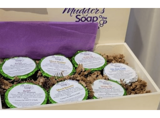 Mudders Soap shower steamer gift set contained within a beautiful wooden box. Relaxing treat for anyone who loves a really good shower