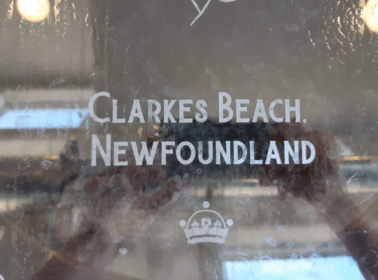 etched glass window at Newfoundland Distillery in Clarke's Beach