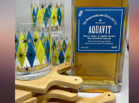 Johnny Ruth Gift Box with Newfoundland Distillery Aquavit, and cool rock glasses