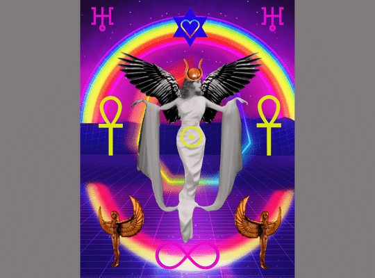 Rainbow in the sky, mountains, water, symbols, and a woman with wings