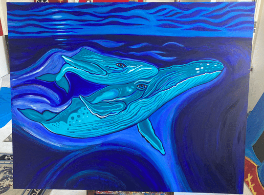A painting of a big whales and and small whale underwater