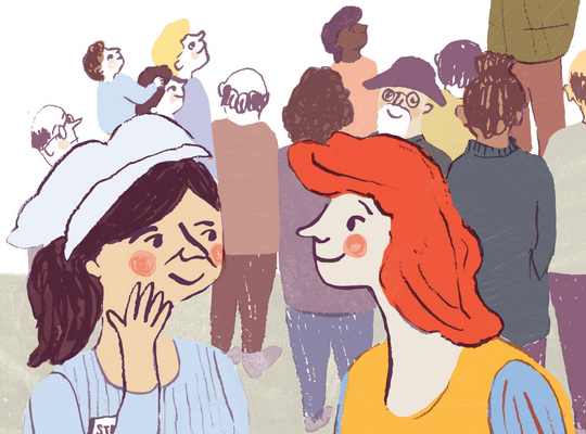 drawing-brown-haried-girl-white-hat-bluedress-talking-to-red-head-girl-in-yellow-and-blue-dress-12-people-drawn-behind-them-most-looking-up-sized-Slider-G2G-website