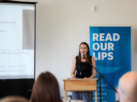 Alison, the creator of read our lips, presenting at the launching event