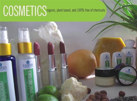 bottles, lipsticks, jars of esskin products - cosmetics organic, plant based, and 100% free of chemicals