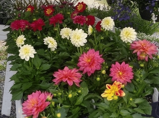 red, white, pink and yellow potted plants with green foliage