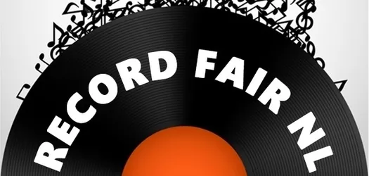 white background and there is a large half vinyl record taking up most of the picture. on the very top around the edge of the record there are musical notes. the record is black and the center is orange. In the black portion of the record it says RECORD FAIR NL