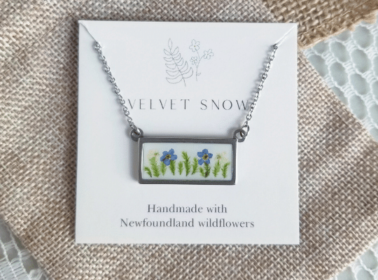 Artisan Velvet Snow handmade pressed Newfoundland Wildflower necklace