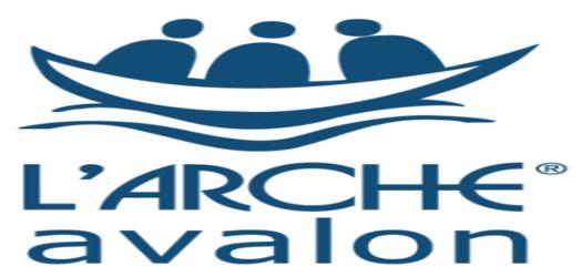white background with L'ARCHE avalon on the bottom half of the picture in Blue text and the top half in a depiction of 3 people in a crescent shaped boat on waves all in blue