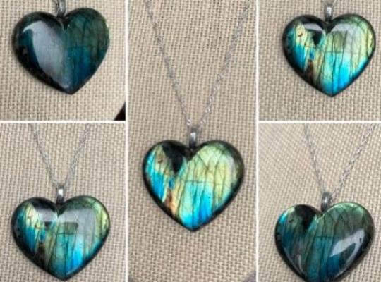 images of necklace pendants of shimmering labradorite hearts