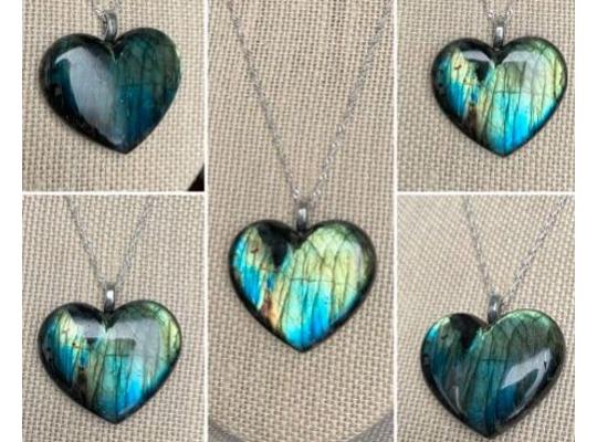 images of necklace pendants of shimmering labradorite hearts