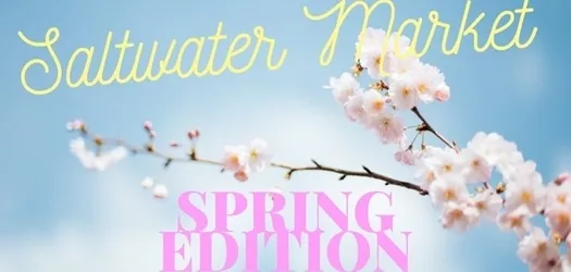 the picture was taking as if you were laying on the grass and took a picture of a flowers that were blooming and the blue sky with some white clouds is in the background. across the top in yellow cursive writing is Saltwater Market and in the middle on the bottom in pink block letters it says SPRING EDITION