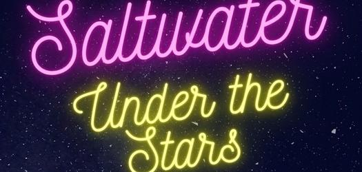the background in a dark night sky with stars all around and in the middle from top to bottom in neon light style letters is Saltwater (in purple) Under the Stars (in yellow)