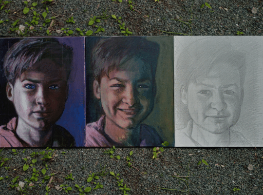 three portraits of a boy in a row.  one is full detail.  the second is medium detail.  the third is charcoal.
