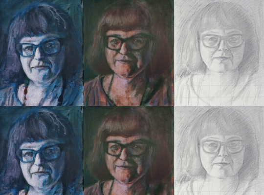 three portraits of the same woman.  one in charcoal.  one in acrylic.  one in oil. 