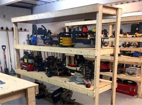 wooden shelving with tools