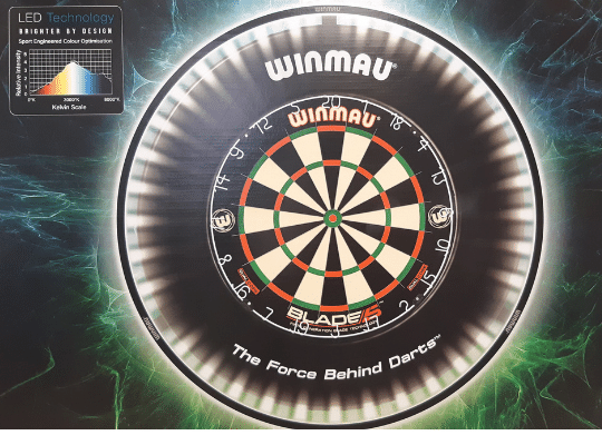 winmau dartboard with text reading the force behind the darts